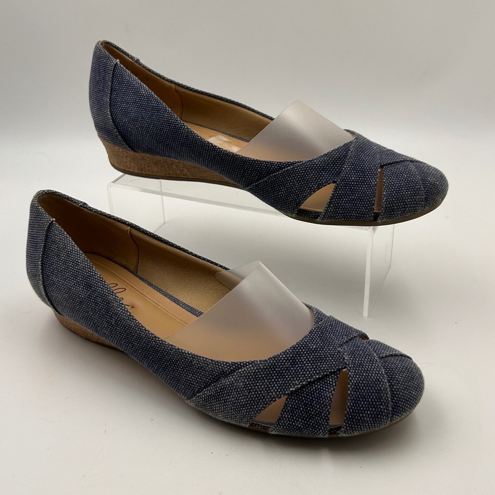 Abella Wedge Shoes Women 11M Blue Denim Fabric Crisscross Comfort Coastal Casual